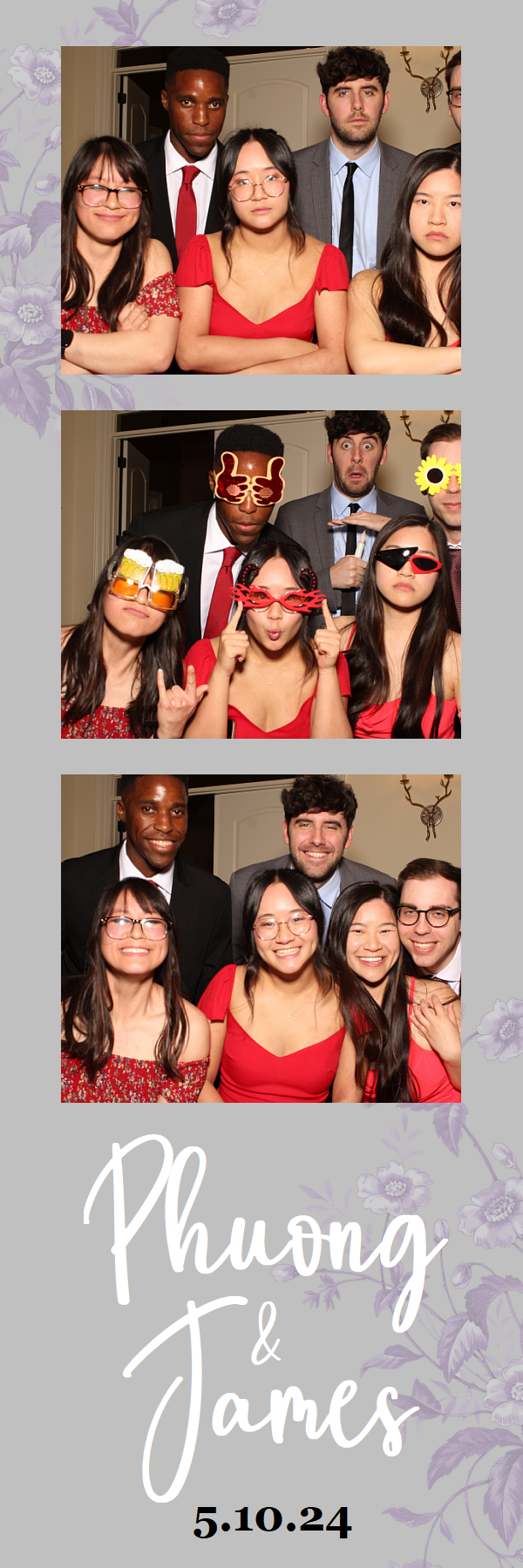 Photo booth strip showing a group posing first formally, then with fun party props, and finally smiling together at a wedding.