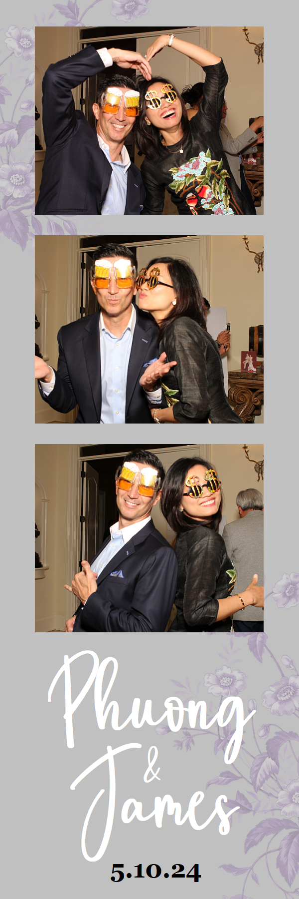 Fun photo booth strip showing couple wearing novelty sunglasses and posing playfully with date 5.10.24.