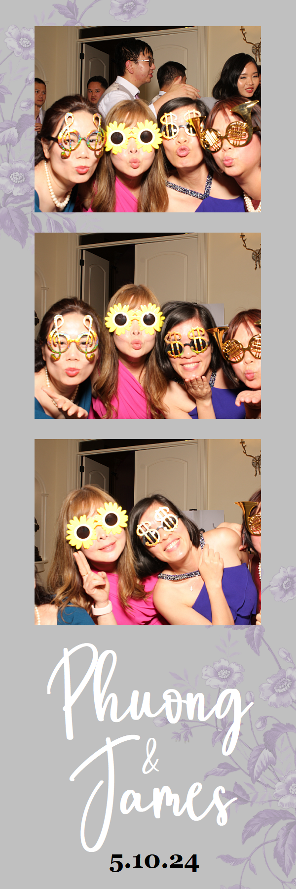 Photo booth strip showing friends wearing creative sunglasses and masks while posing playfully at a celebration.