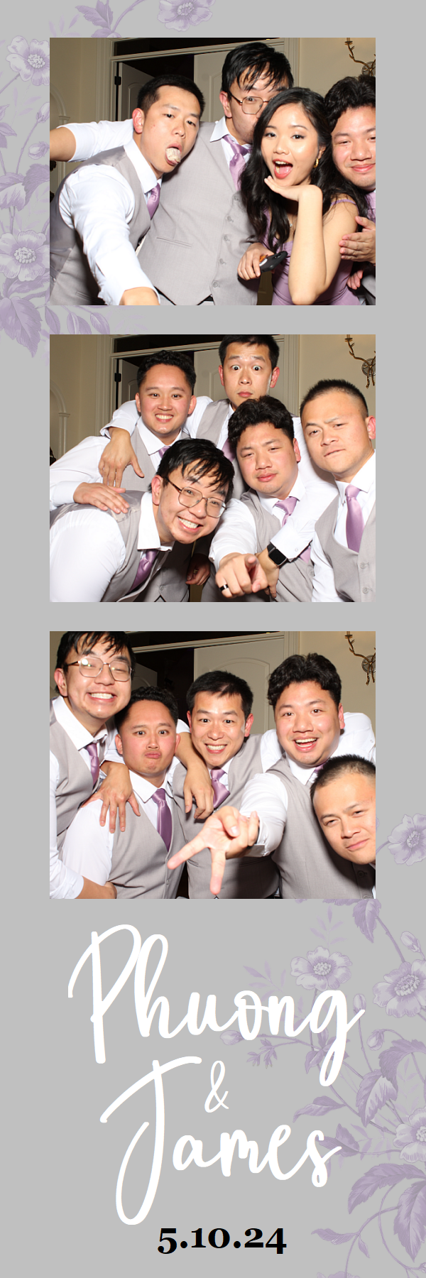 Photo booth strip capturing groomsmen in light colored suits making energetic poses and expressions at a wedding.