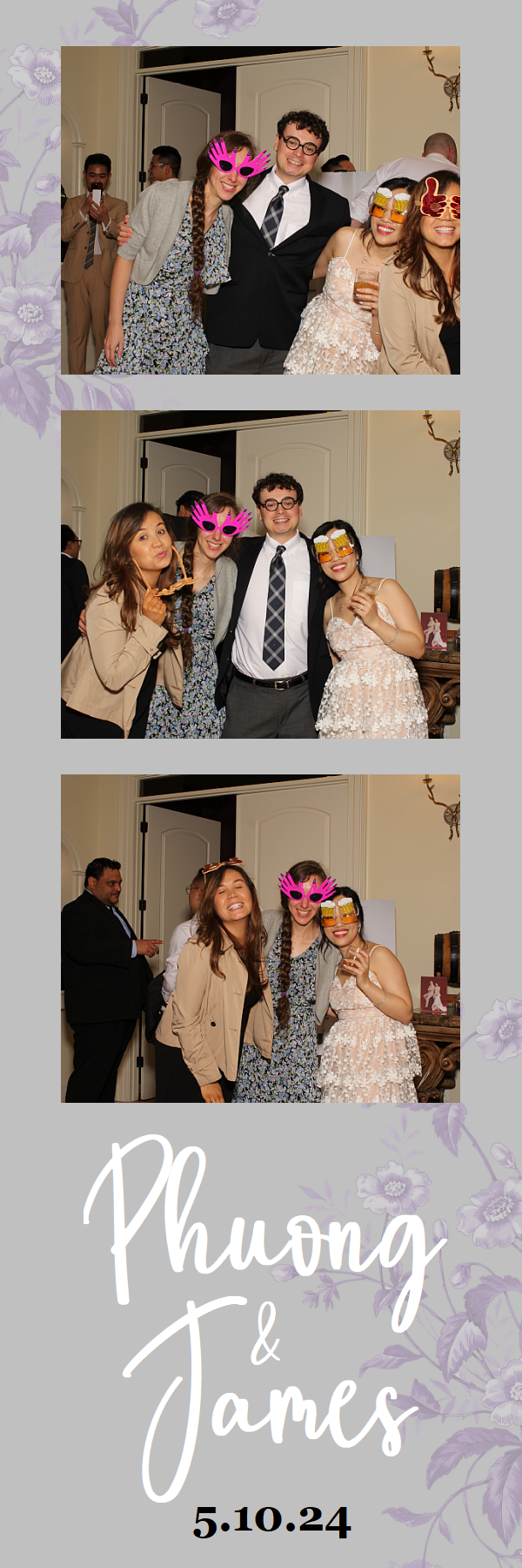 Three photo booth style images of wedding party guests wearing colorful masquerade masks and formal attire at a celebration.