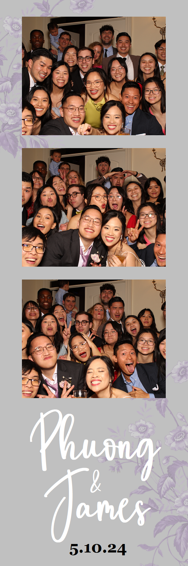 A photo booth strip shows three candid group shots of friends celebrating at what appears to be a wedding event for Phuong and James.
