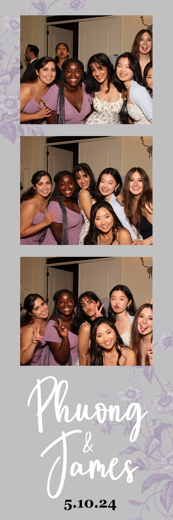 Photo strip showing a group of friends in party attire posing together at a wedding event with date text Phuong & James 5.10.24.