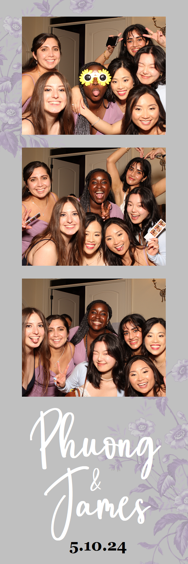 Photo booth strip showing three fun group shots with friends celebrating at a wedding event, dated 5.10.24.
