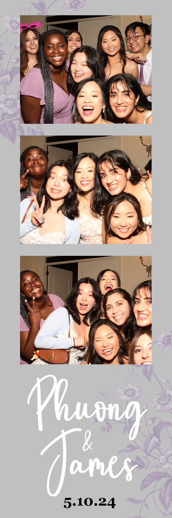 Photo booth strip showing friends having fun and making silly faces at what appears to be a wedding celebration.