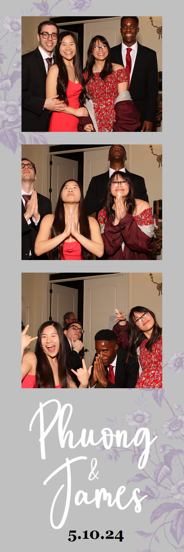 Three photo booth images showing friends posing together at a wedding celebration with the text 'Phuong & James 5.10.24' at bottom.