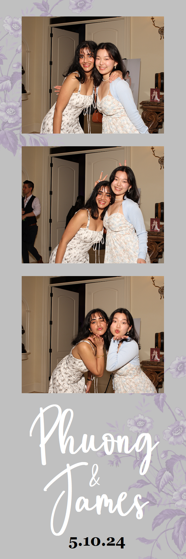 Photo strip showing two friends in white dresses posing together at a wedding celebration with 5.10.24 date.