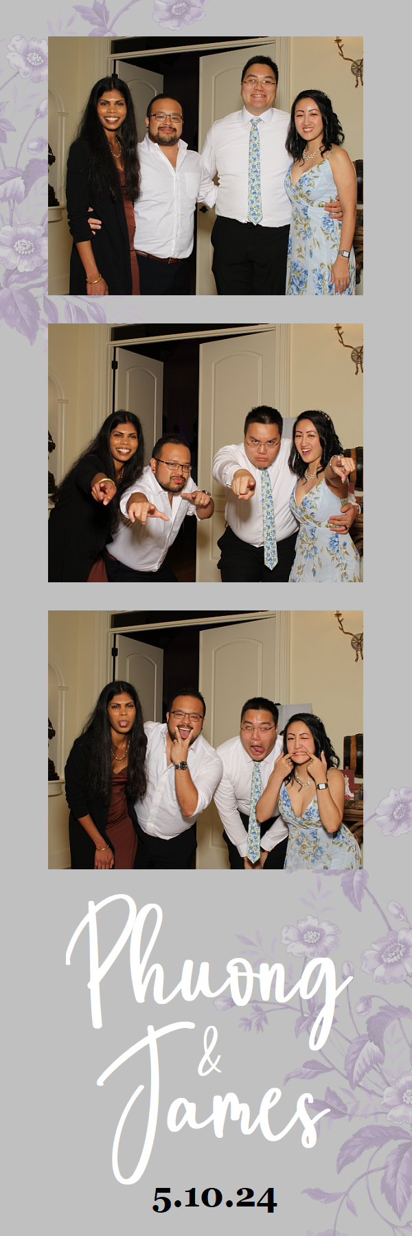 A photo booth strip shows four people posing formally then pointing and making silly faces at a wedding celebration.