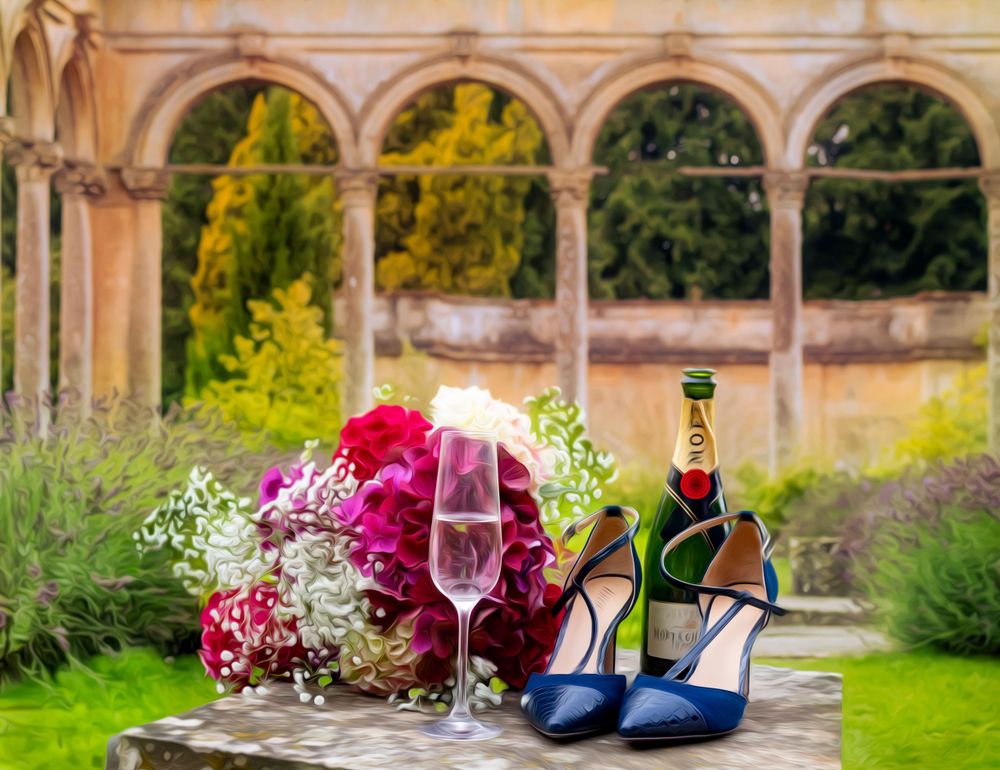 Romantic garden setting with champagne, blue heels, and pink floral bouquet against stone arches.