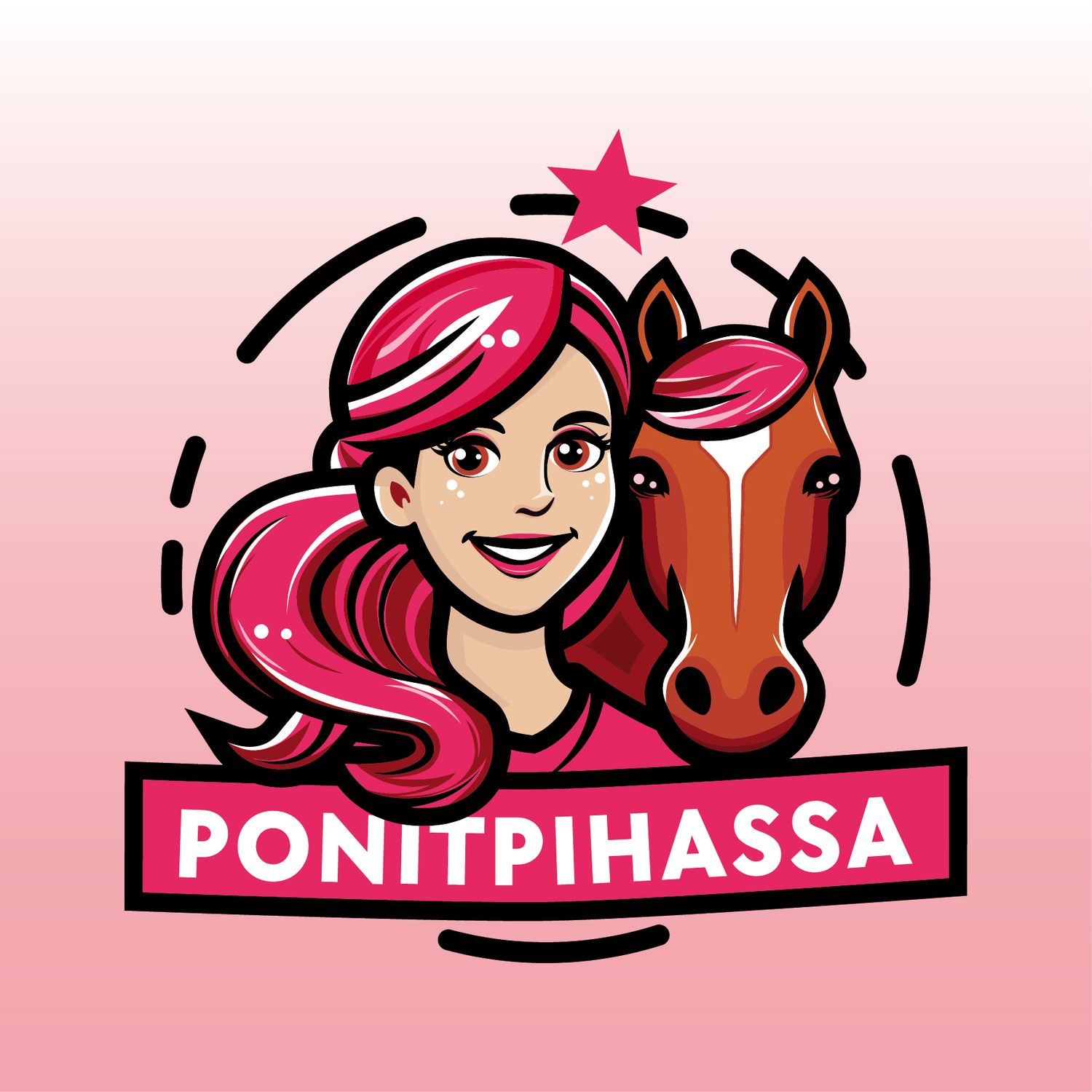 Cartoon logo featuring a female character with pink hair next to a brown horse with text Ponitpihassa in pink.