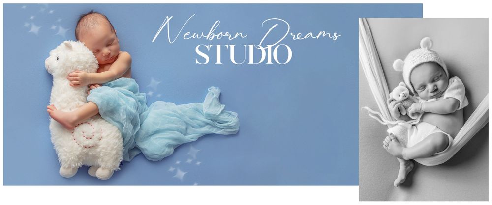 Professional newborn photography studio branding with baby portraits in blue tones.