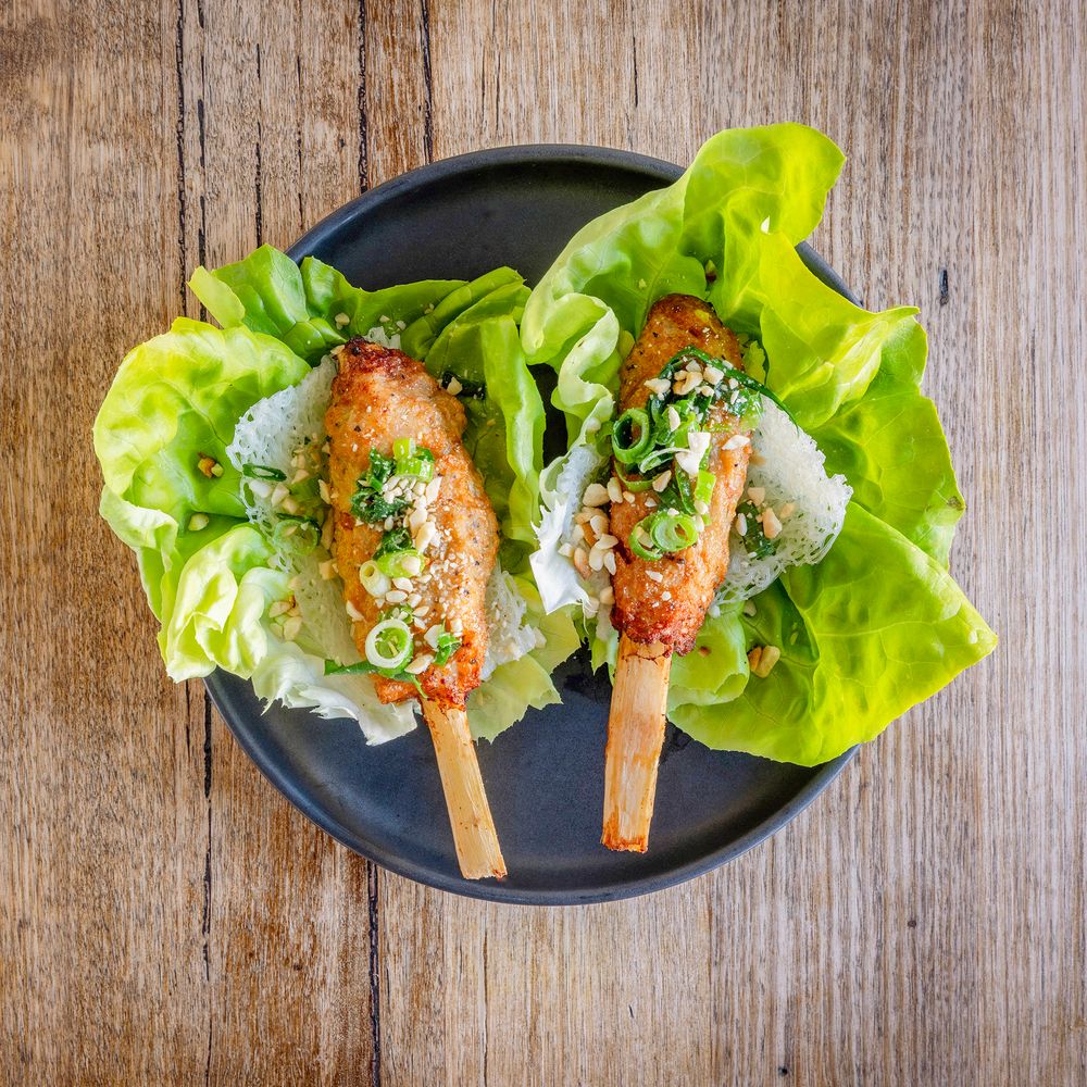 Bar Pho Bondi
Sugar cane Prawns
Sitting a wooden background