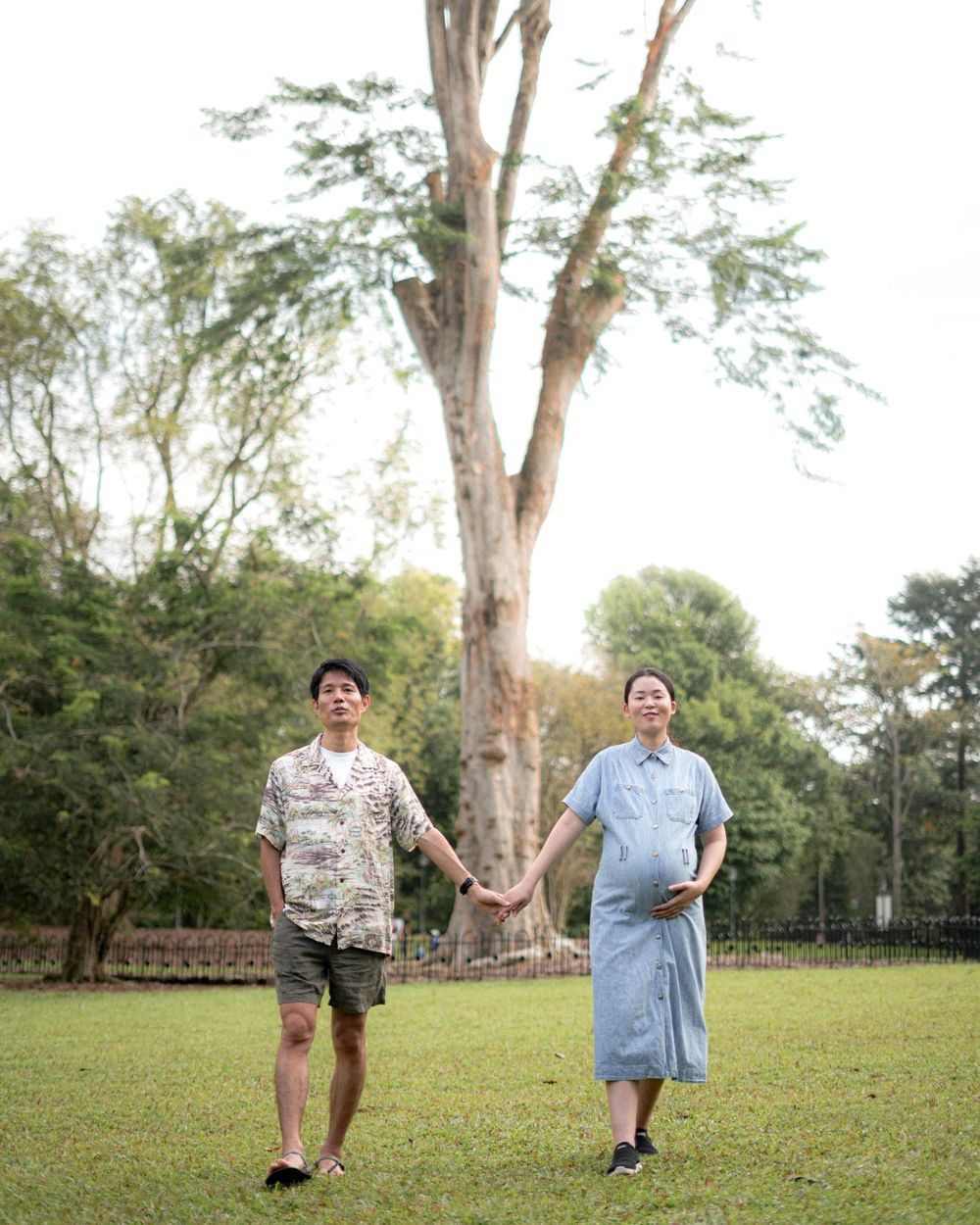 A couple holds hands while walking through a park with tall eucalyptus trees in the background.