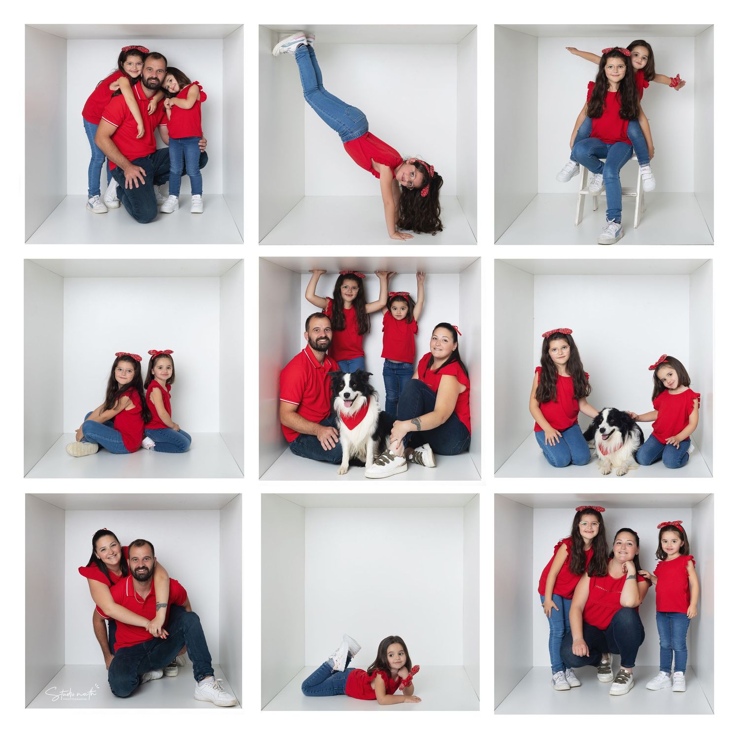 A collection of studio portraits in white cubic spaces featuring people in red shirts posing together and with a husky dog. family box