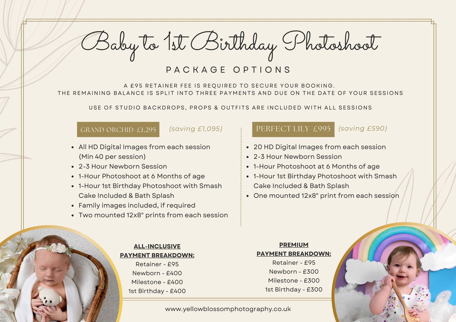 A vintage-style checklist document titled 'Baby's 1st Birthday Photoshoot Package Options' with pricing details and session info.