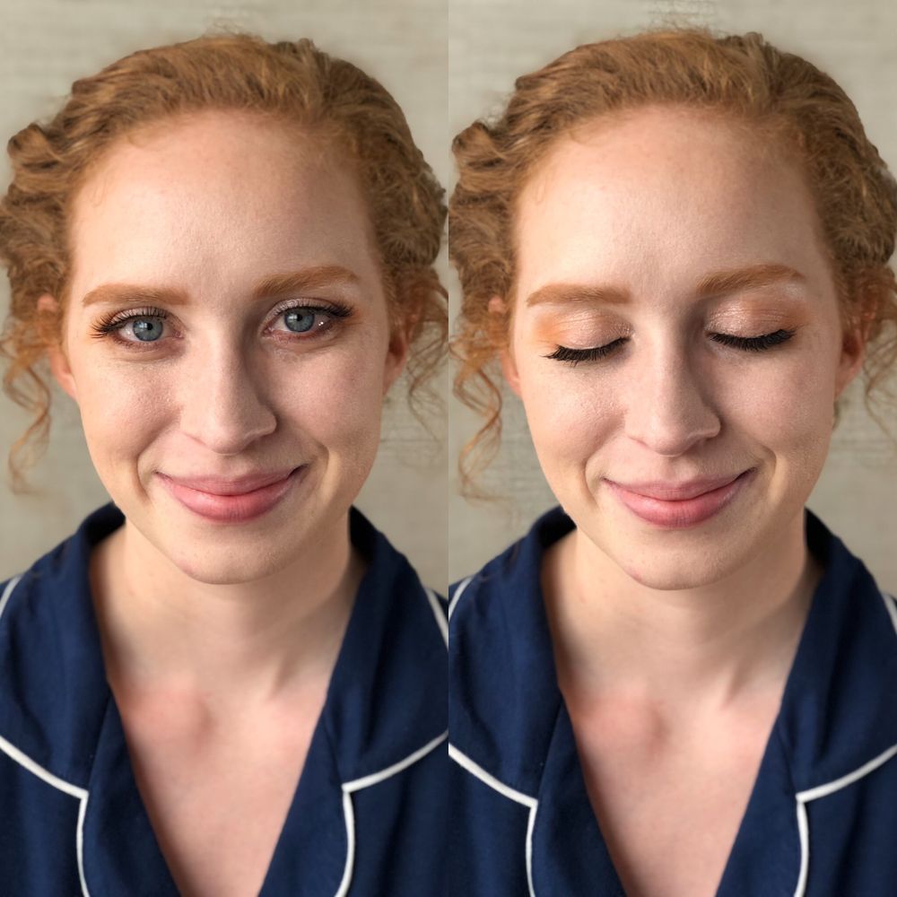 Side by side beauty shots showing natural and glam makeup looks in navy blazer.