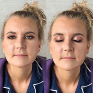 Before and after makeup photos showing rose gold eyeshadow application in navy top.