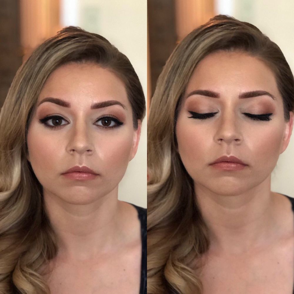 Side by side beauty shots demonstrating dramatic eye makeup transformation with wavy hair.