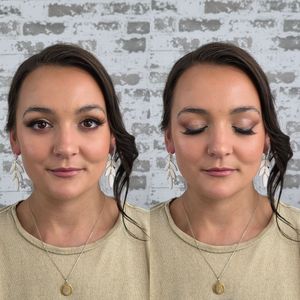 Sequential makeup transformation shots against white brick wall background.
