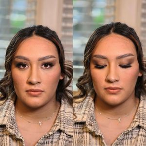 Beauty transformation sequence showing detailed makeup application steps.