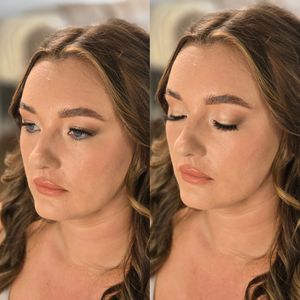 Close-up portrait series showing soft glam makeup with neutral tones and long lashes.