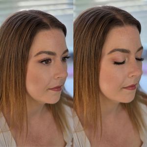 Side profile shots showcasing natural makeup and straight brown hair.