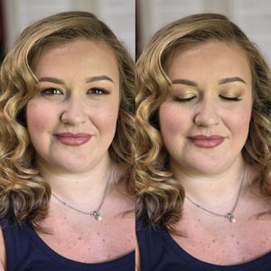 Series of expressions with curled hair and evening makeup wearing a navy top.