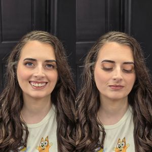 Portrait series showing wavy dark hair and natural makeup wearing casual attire.