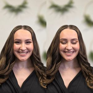 Sequential shots showing professional makeup and styled hair against white background.
