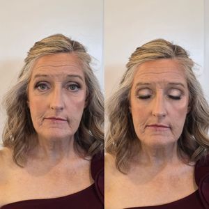Series of expressions with blonde highlights and evening makeup.