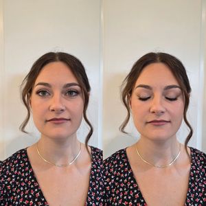 Portrait sequence showing floral print top and polished makeup look.