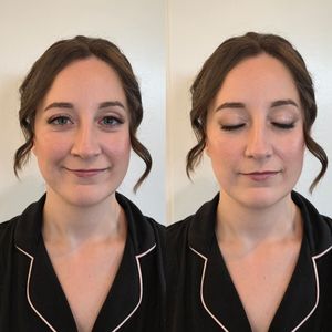 Multiple angles showing professional makeup look in black and white blazer.