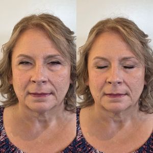 Series of expressions showing a person with blonde hair in a floral print top looking at different angles.