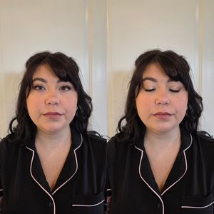 Sequential photos of someone in a black top with white trim showing various facial expressions.