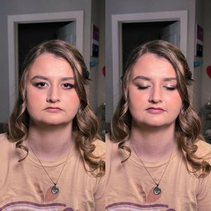 Portrait series showing different poses of a person wearing a beige top with a pendant necklace.