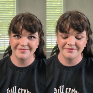 Multiple shots of someone wearing a black top with text, showing different facial expressions.