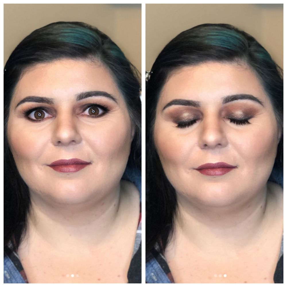 Close-up sequence showing dramatic eye makeup and burgundy lip color application.