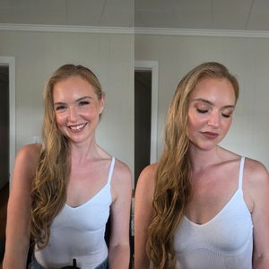 Series of photos showing someone in a white tank top with long hair posing at different angles.