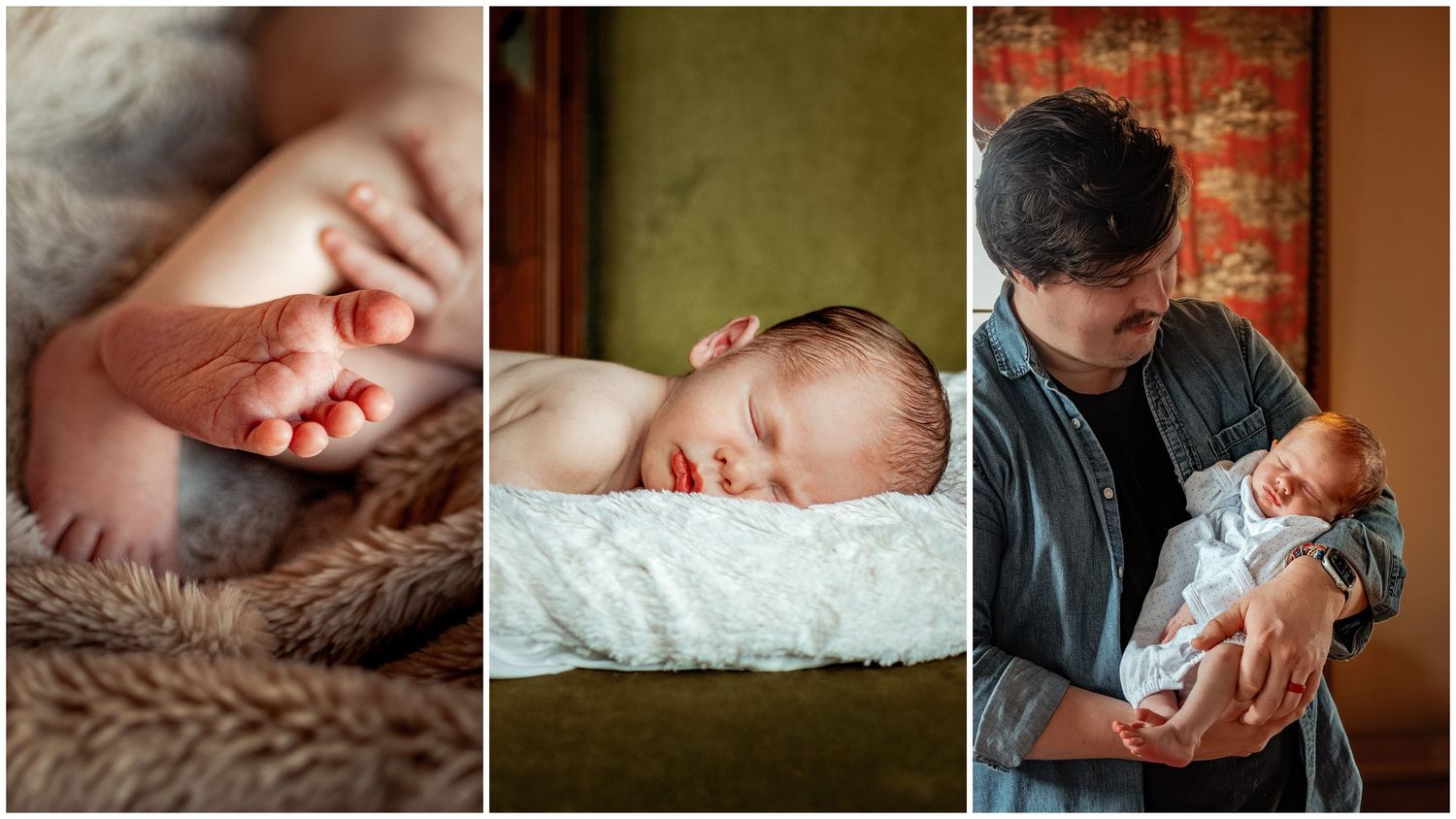 A triptych of tender newborn photography moments showing tiny details, peaceful sleep, and gentle cradling.