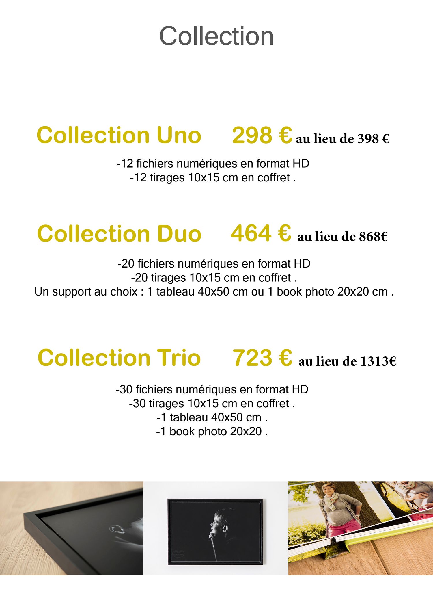 Photography package pricing menu displaying three collection tiers called Uno, Duo, and Trio with sample photo albums shown below.