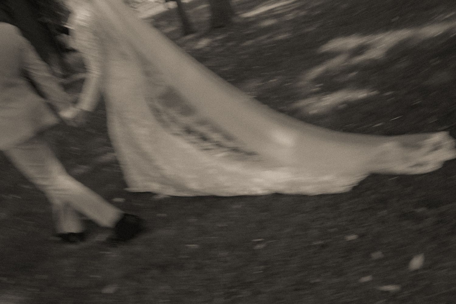 A couple in traditional South Asian attire sitting among fallen autumn leaves.