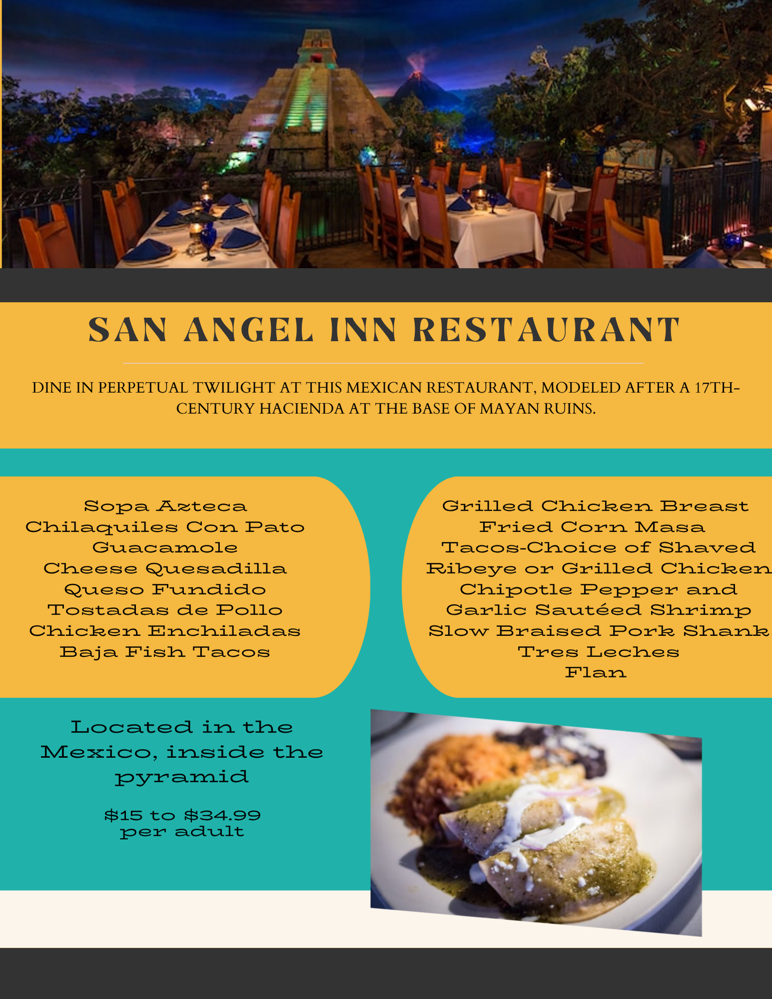 Menu board displays Mexican dinner options at San Angel Inn Restaurant with appetizers and main courses on tan background.