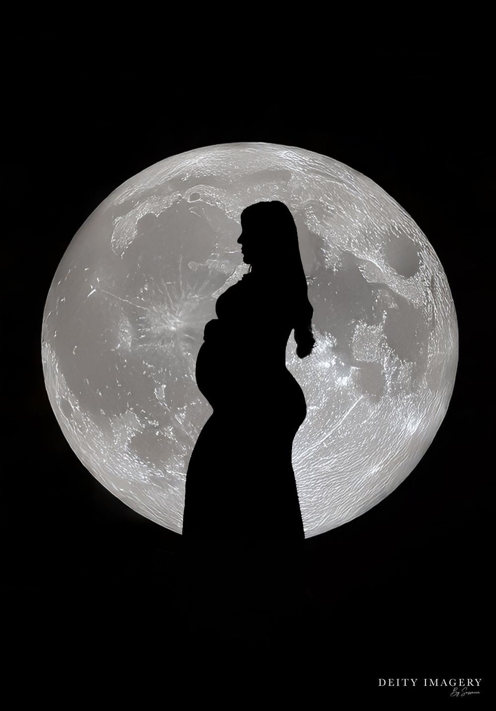 Dark silhouette figure against glowing full moon backdrop creates dramatic artistic composition series in black and white.