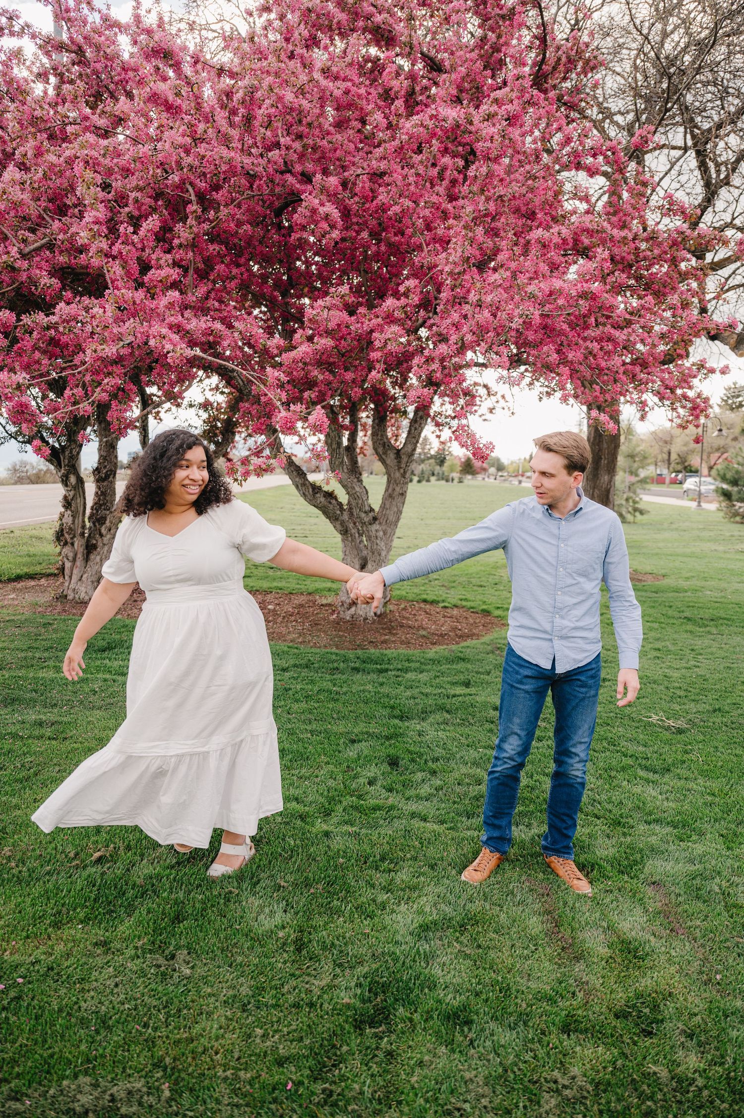 A couple holds hands beneath blooming pink cherry blossom trees on a grassy lawn during springtime.