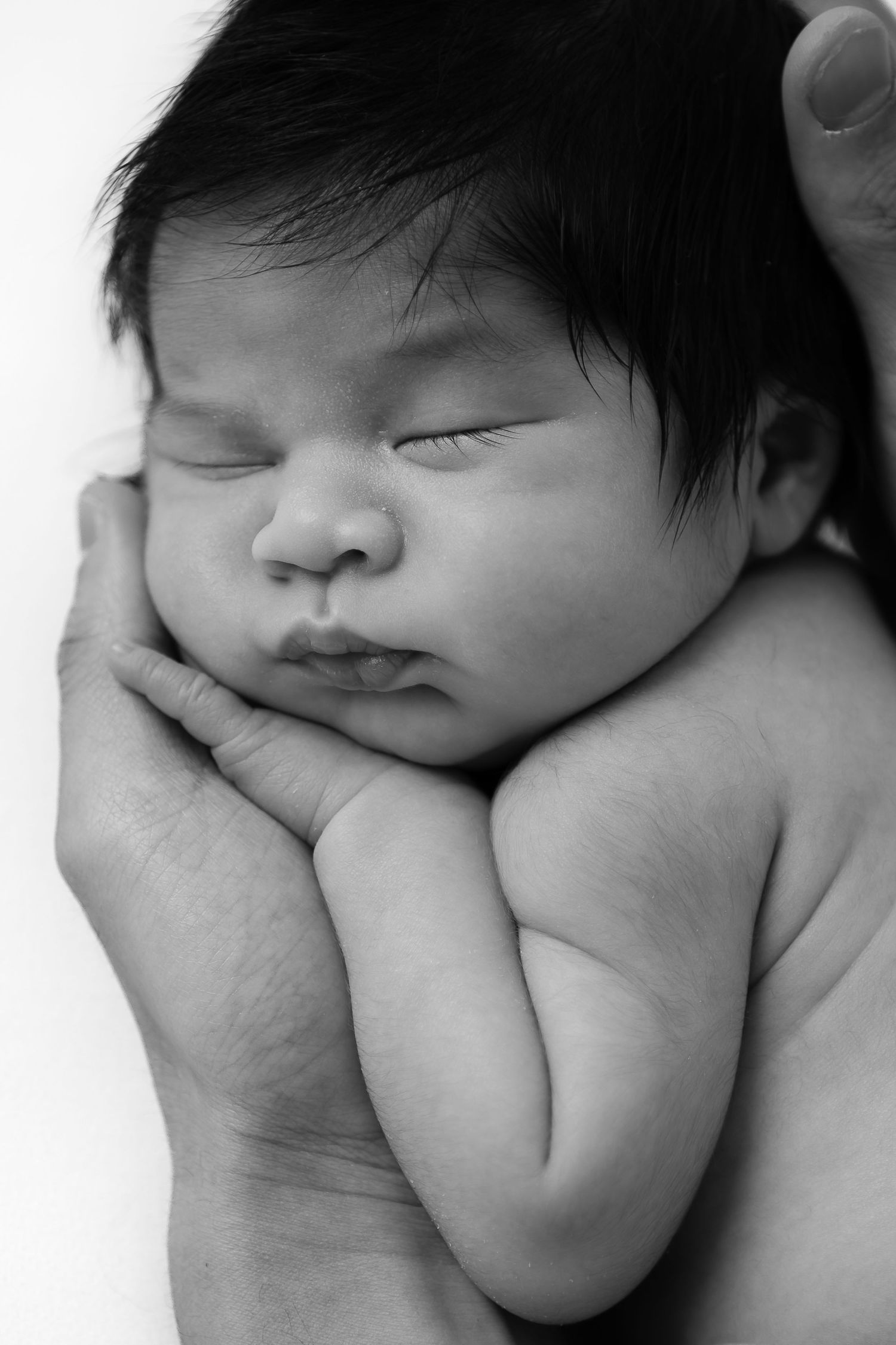 A peaceful sleeping newborn baby rests in black and white, with tiny hands curled up near their face.