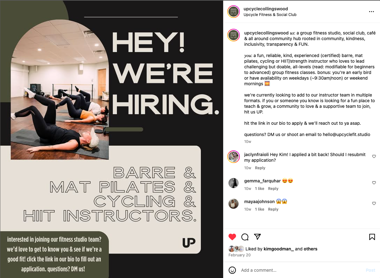 A fitness studio hiring advertisement for barbell, mat pilates and cycle instructors shown on an Instagram social media post.