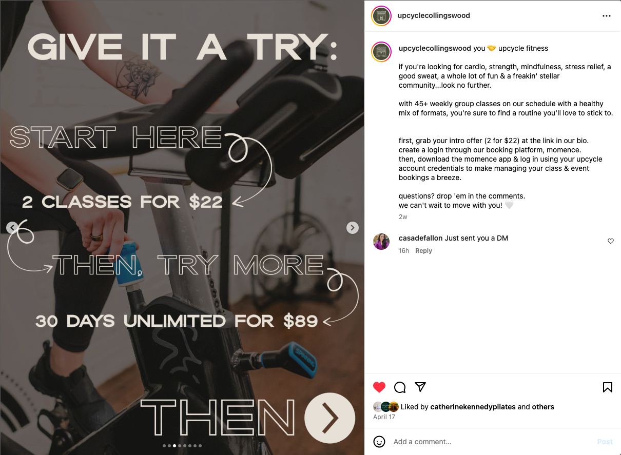 Dark fitness promotion image showing 2 class package for $22 and 30 day unlimited membership for $89 deal.