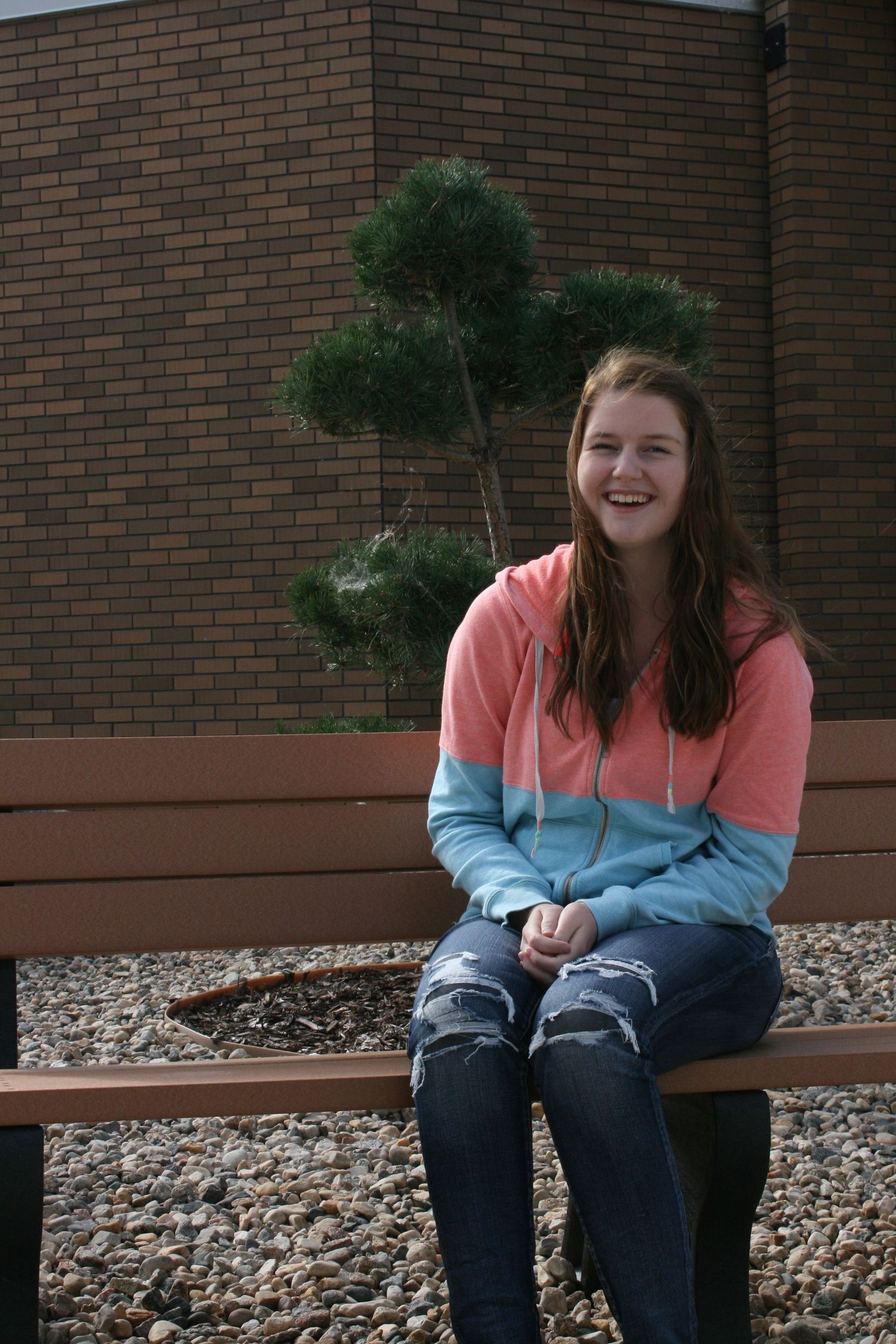 Person in colorblock hoodie sitting on bench by ornamental topiary and brick wall.