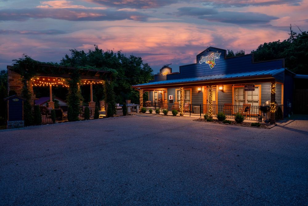 Twilight image of a short term rental. real estate listing photo