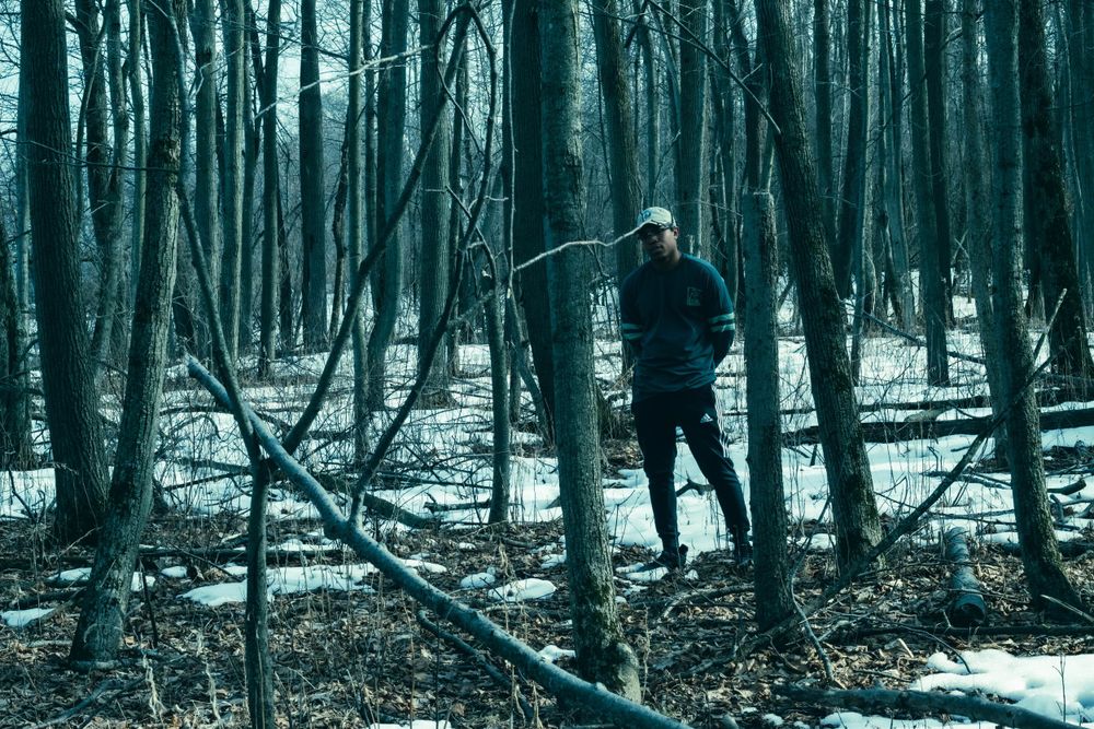 Person hiking through snowy winter forest with tall bare trees.